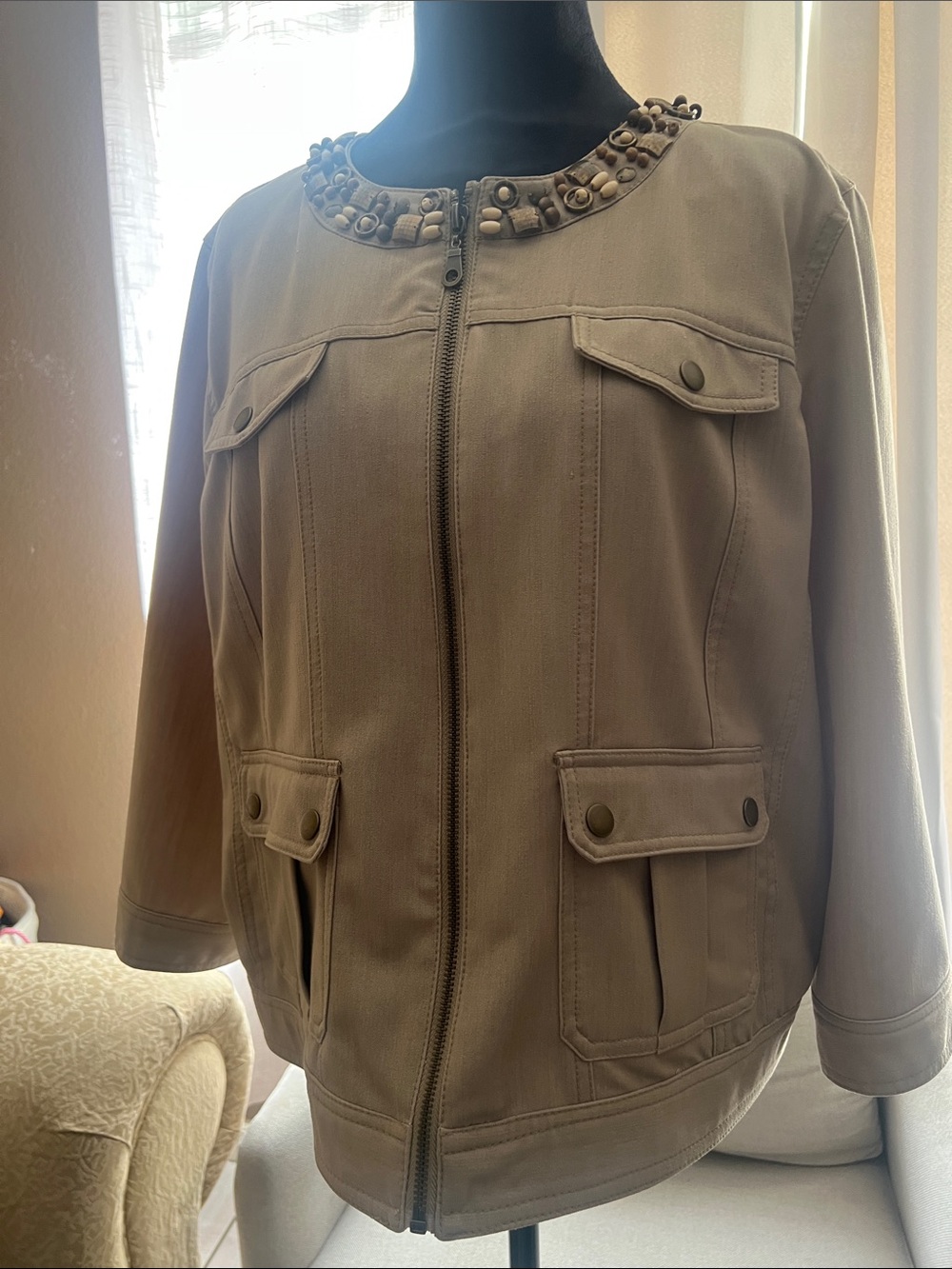 Ruby Rd. Taupe Utility Jacket with Embellished Collar